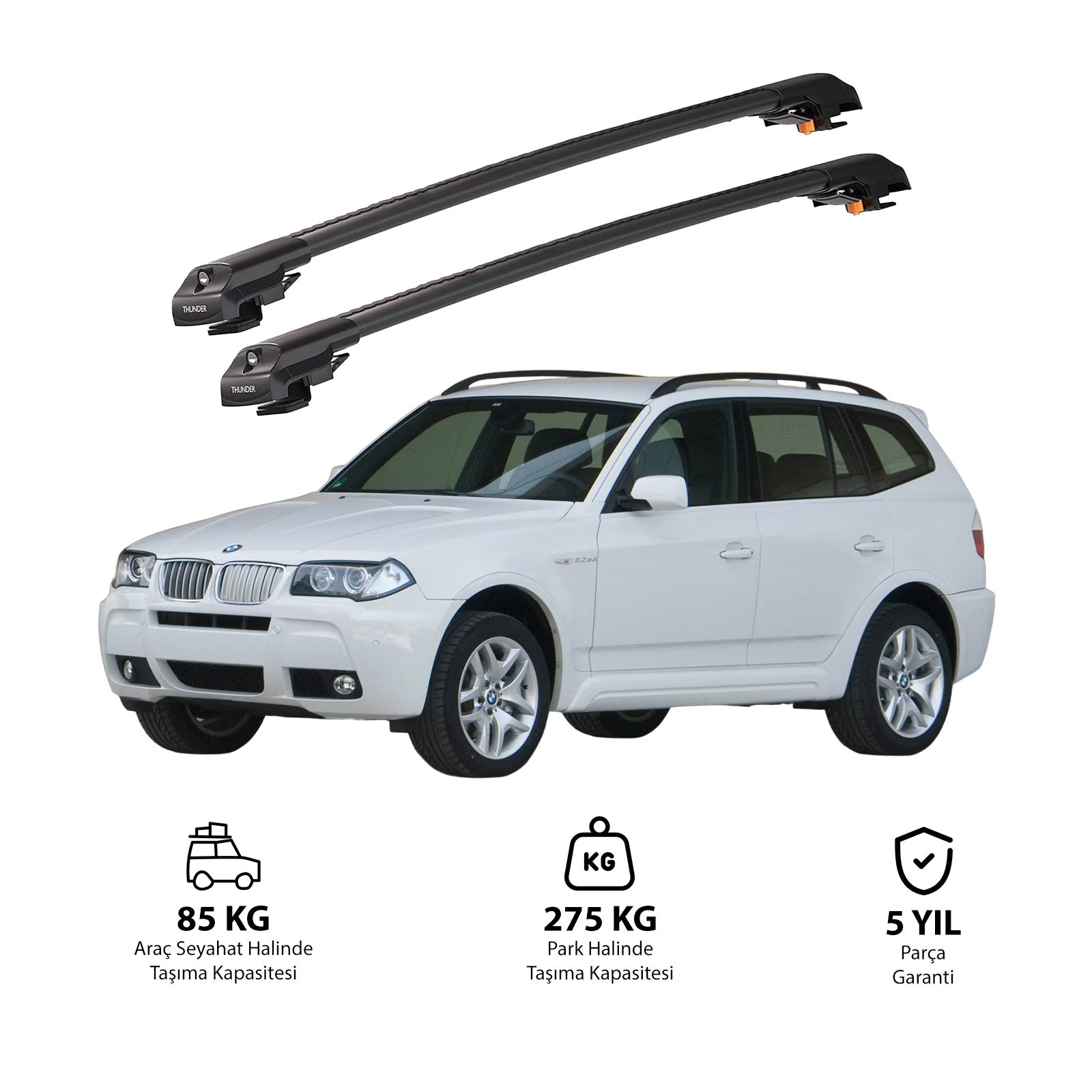 BMW X3 2003-2010 TRX1 Thunder Carrier Barres transversales pour galerie de toit de voiture, 2 barres