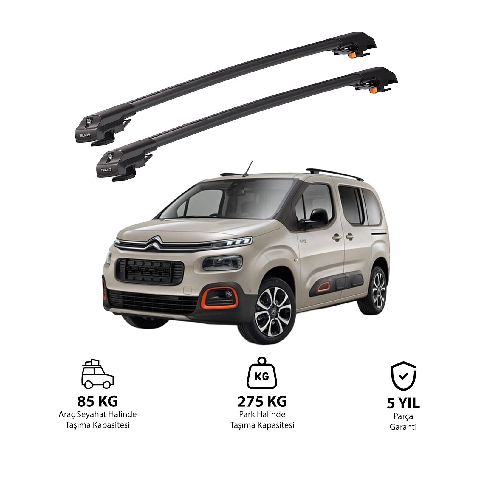 CITROEN BERLINGO 2019-2024 TRX1 Thunder Carrier Barres transversales pour galerie de toit de voiture, 2 barres