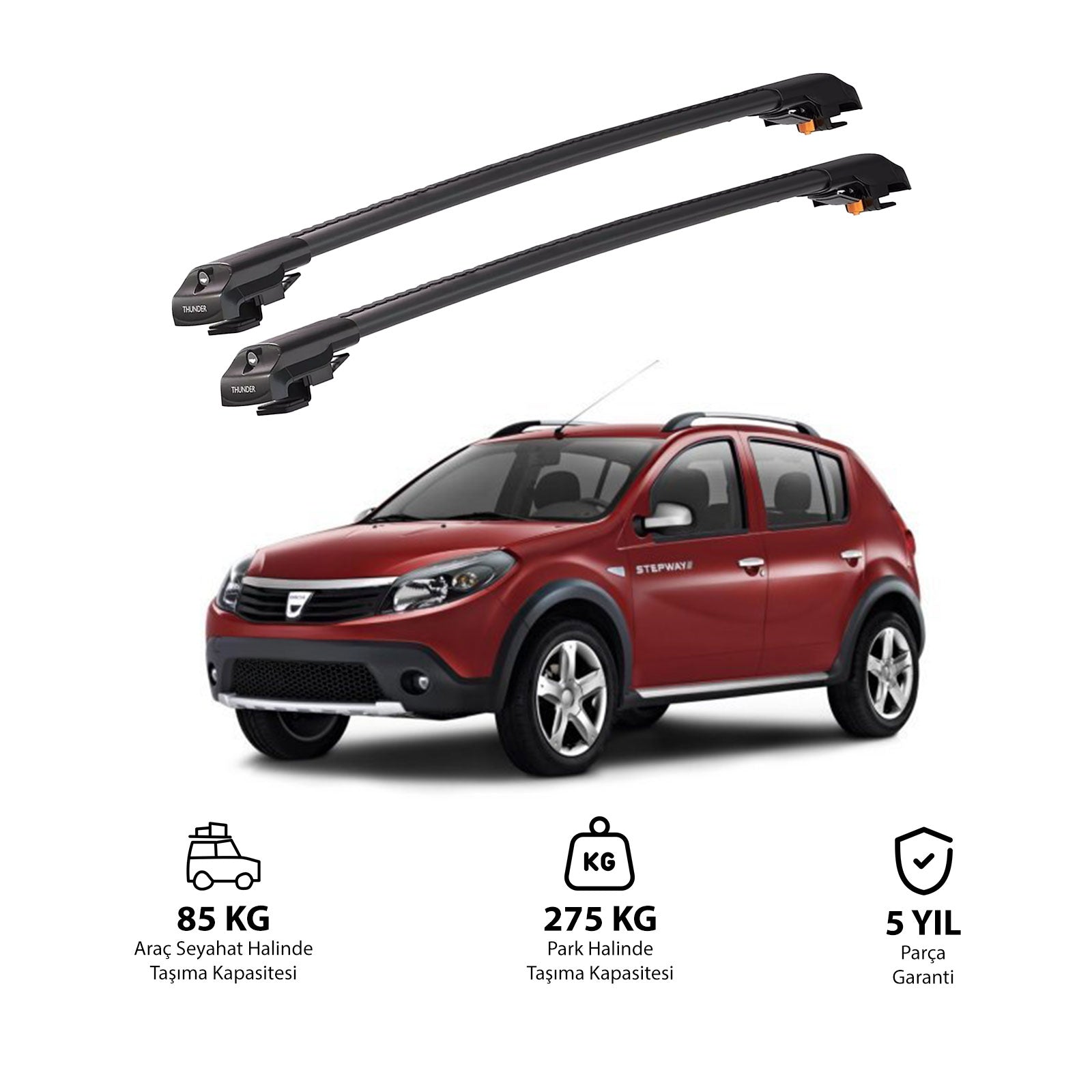 DACIA SANDERO STEPWAY 2007-2012 TRX1 Thunder Carrier Barres transversales pour galerie de toit de voiture, 2 barres