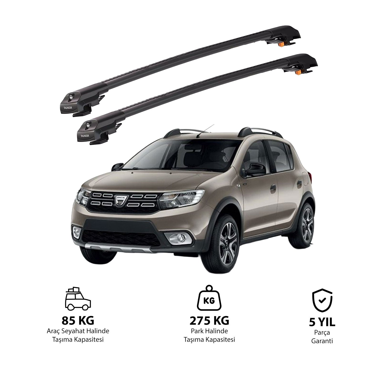 DACIA SANDERO STEPWAY 2013-2020 TRX1 Thunder Carrier Barres transversales pour galerie de toit de voiture, 2 barres