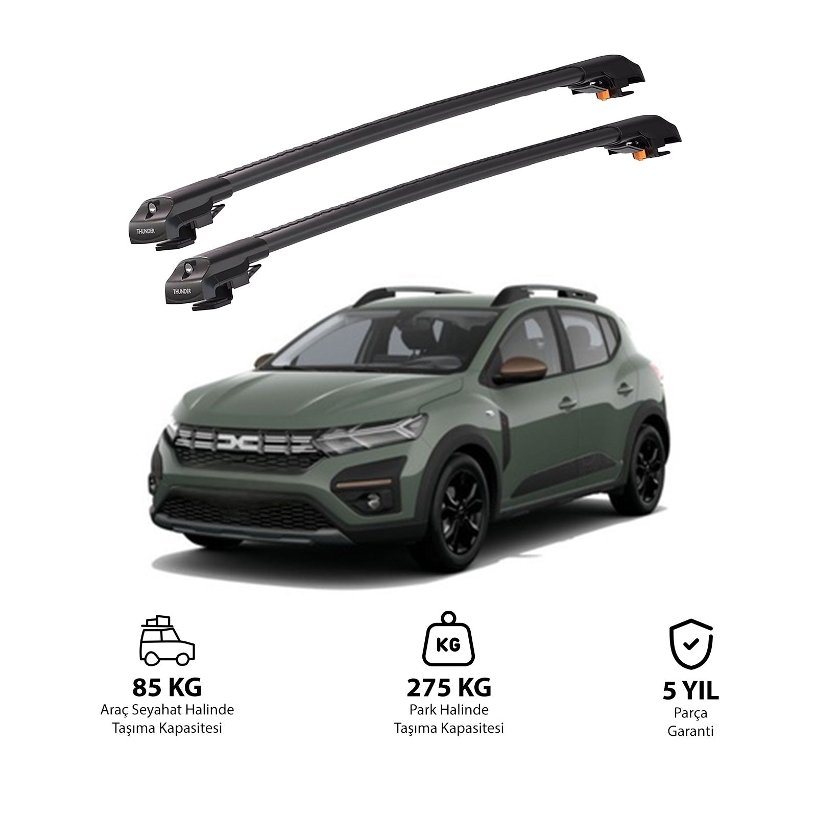 Dacia Sandero Stepway 2021 et modèles ultérieurs TRX1 Thunder Carrier Barres transversales pour galerie de toit de voiture, 2 barres