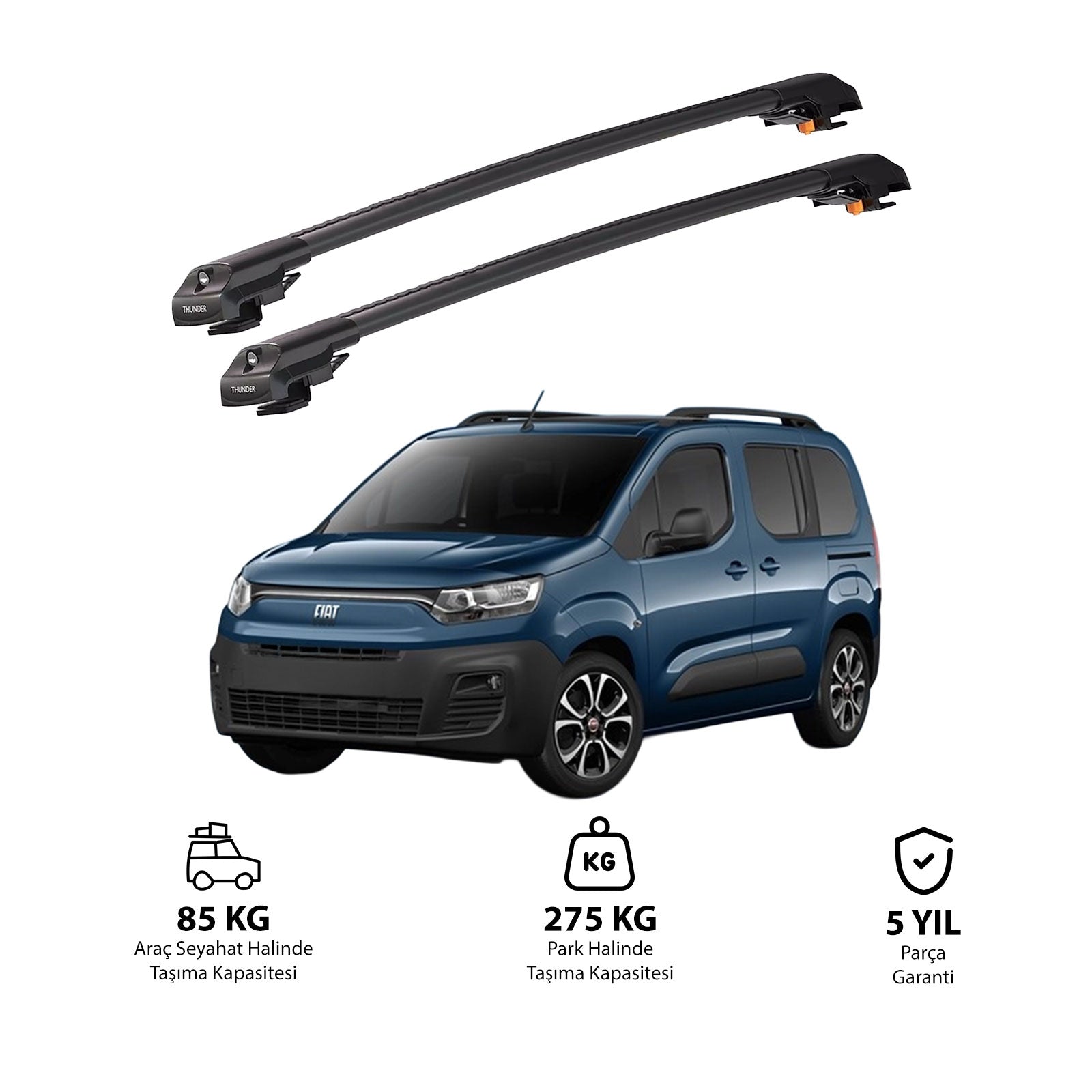 FIAT DOBLO 2023 et modèles ultérieurs TRX1 Thunder Carrier Barres transversales pour galerie de toit de voiture, 2 barres