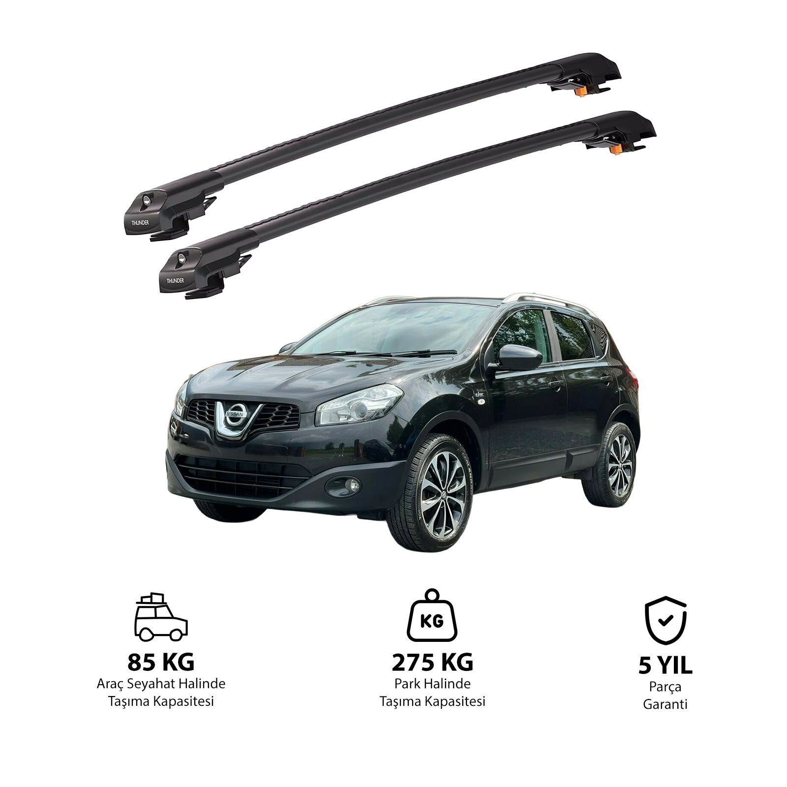 NISSAN QASHQAI 2007-2013 TRX1 Thunder Carrier Barres transversales pour galerie de toit de voiture, 2 barres