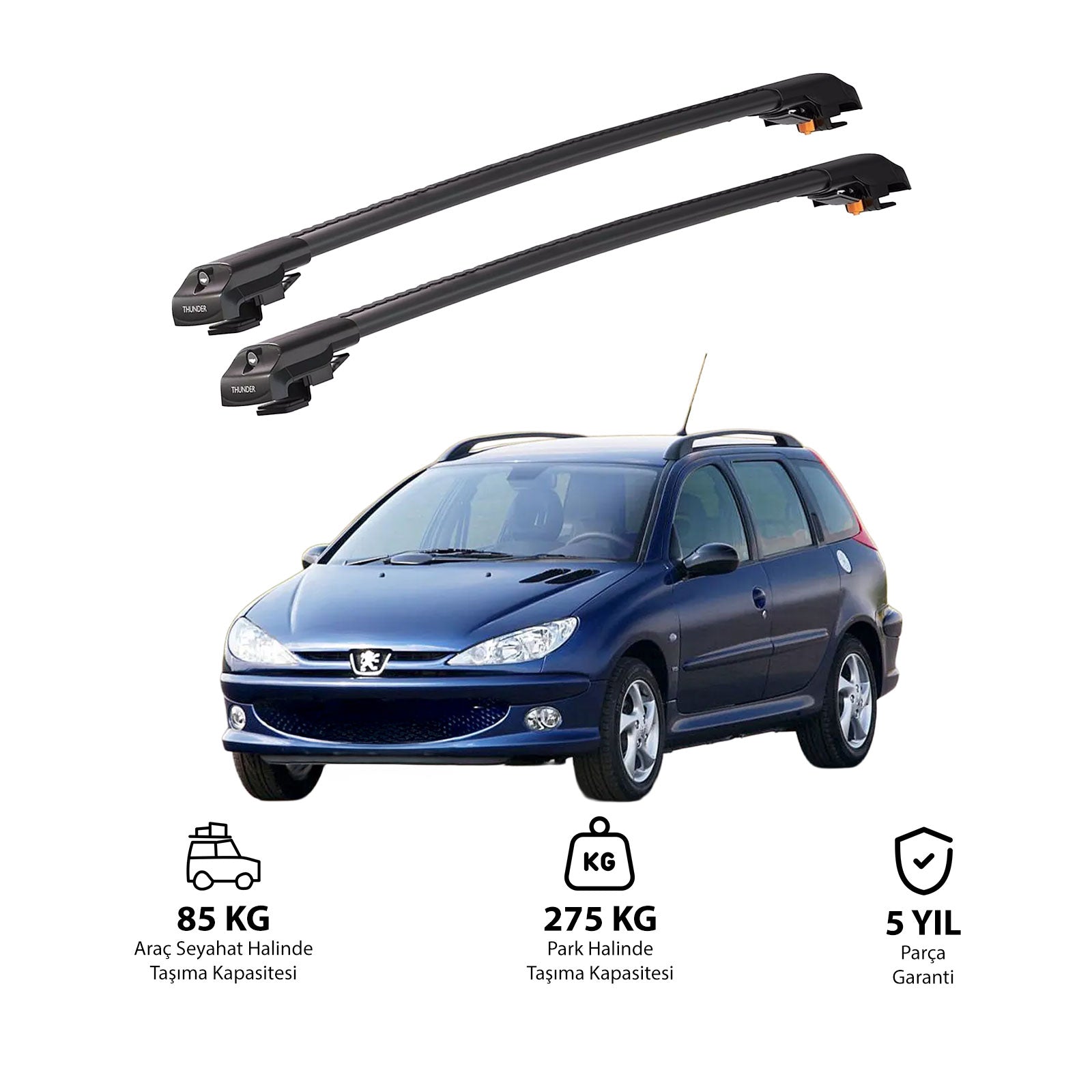 PEUGEOT 206 SW 2002-2008 TRX1 Thunder Carrier Barres transversales pour galerie de toit de voiture, 2 barres