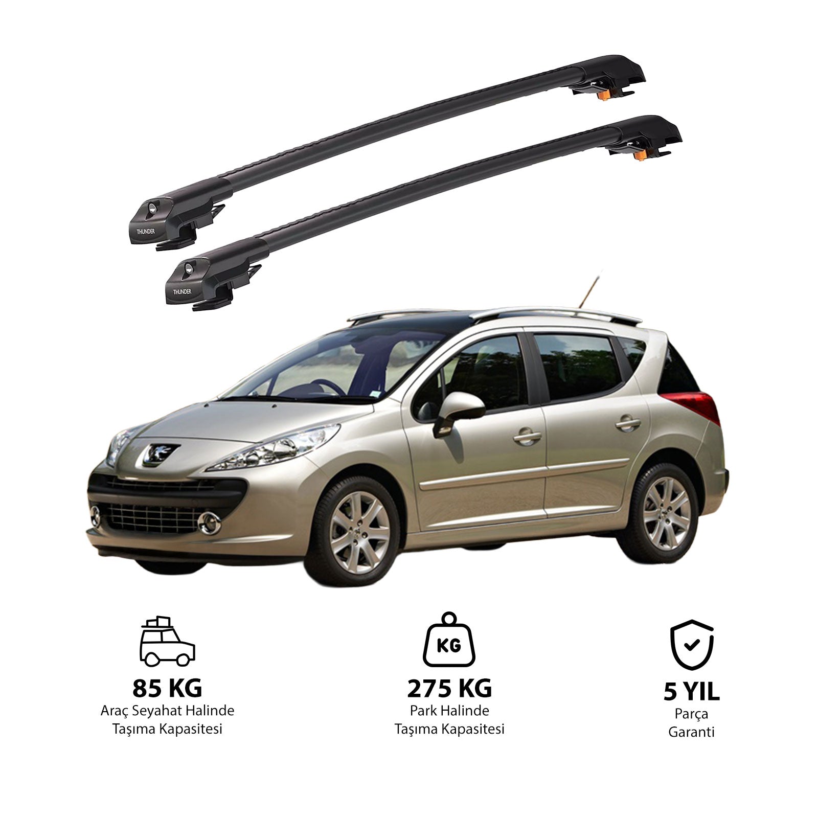PEUGEOT 207 SW 2002-2008 TRX1 Thunder Carrier Barres transversales pour galerie de toit de voiture, 2 barres
