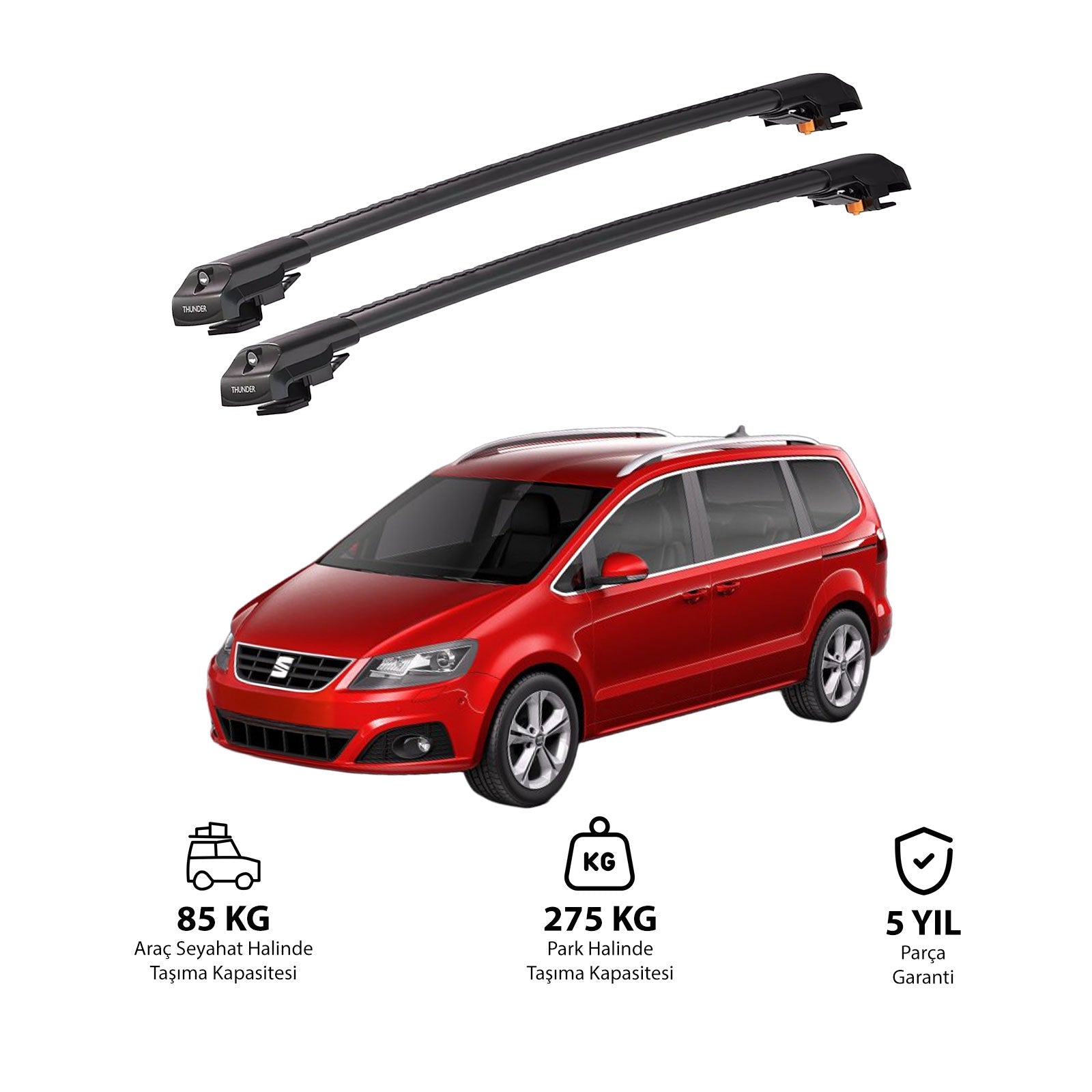 SEAT ALHAMBRA 2010 et modèles ultérieurs TRX1 Thunder Carrier Barres transversales pour galerie de toit de voiture, 2 barres