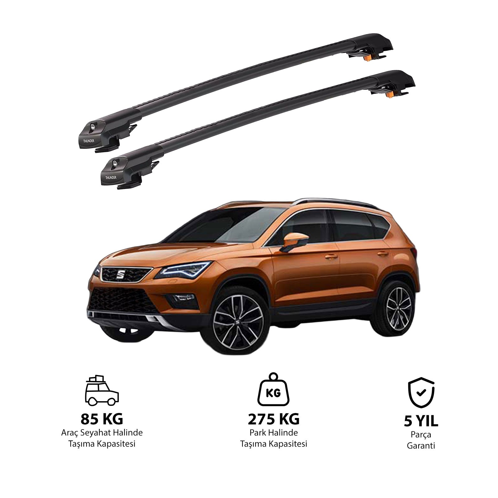 SEAT ATECA 2016 et modèles ultérieurs TRX1 Thunder Carrier Barres transversales pour galerie de toit de voiture, 2 barres