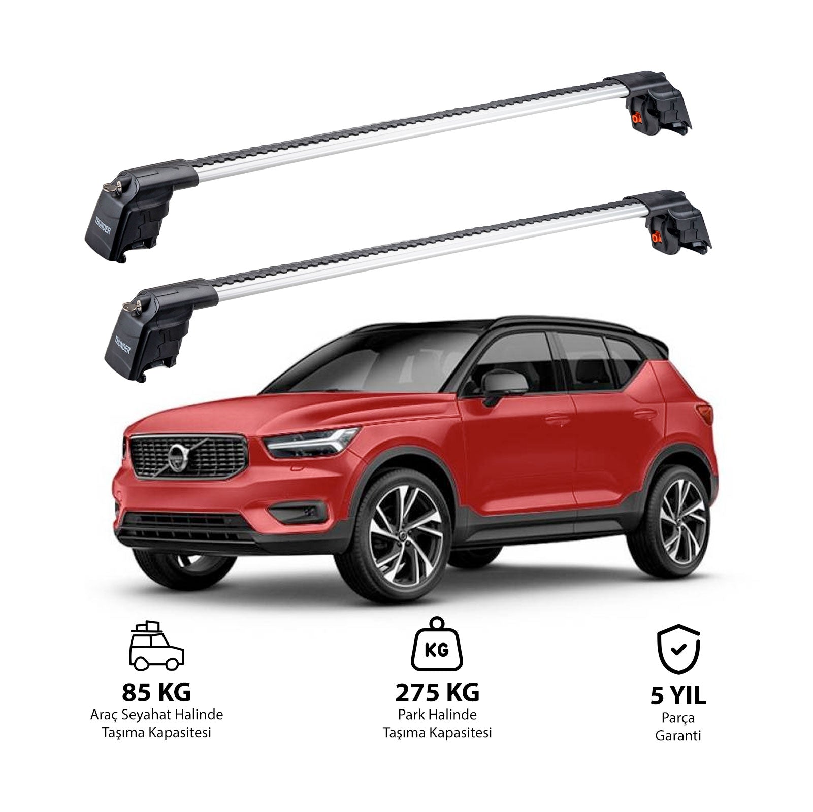 VOLVO XC40 2018 et modèles ultérieurs TRX2 Thunder Carrier Barres transversales pour galerie de toit 2 barres
