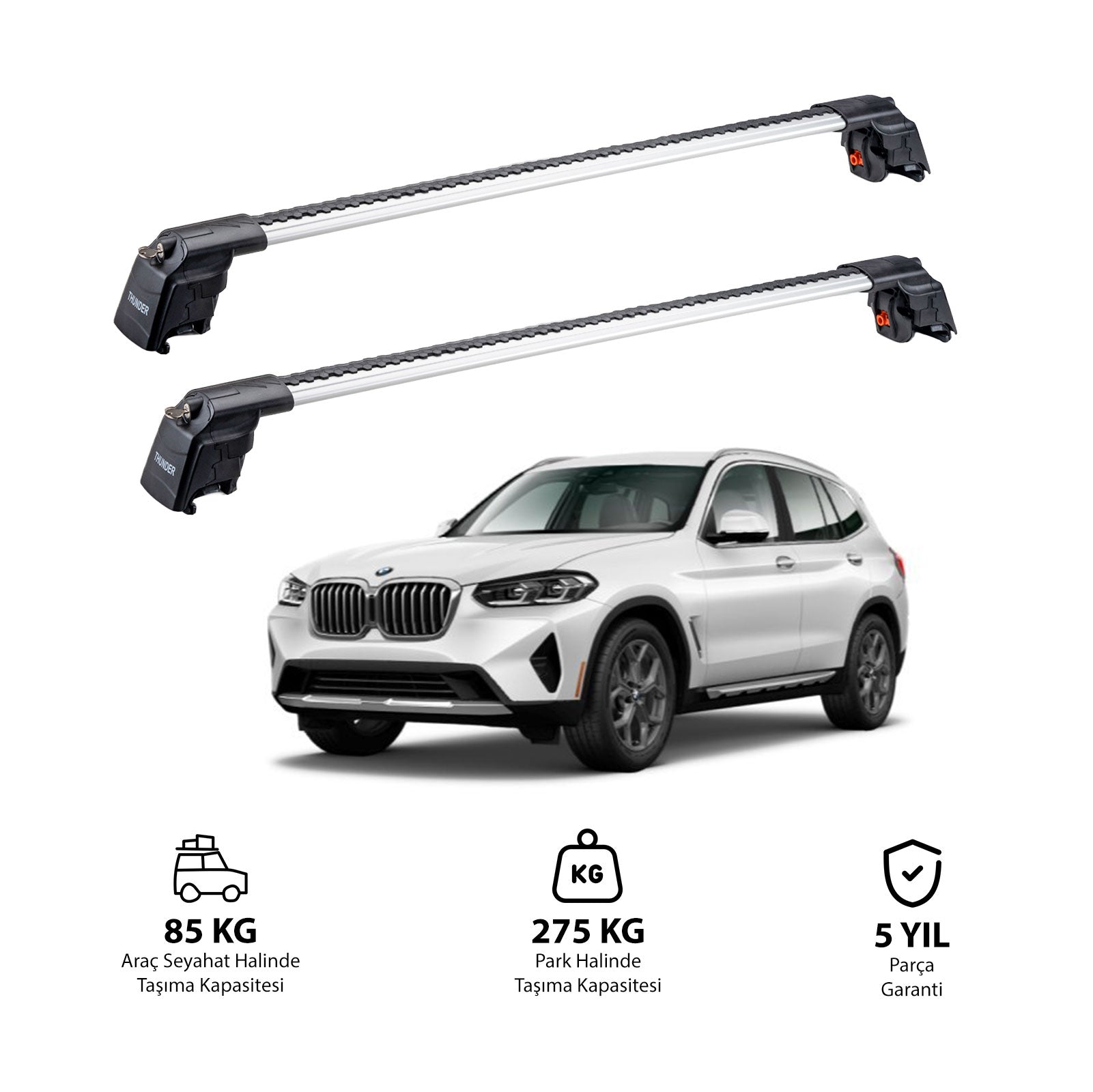 BMW X3 2018 ve 2023 TRX2 Thunder Carrier Barres transversales pour galerie de toit 2 barres